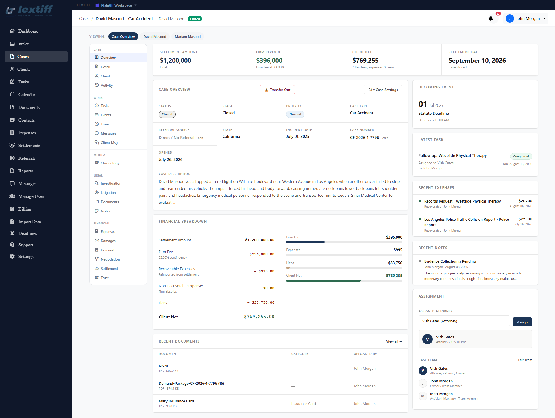 Lextiff case management screen
