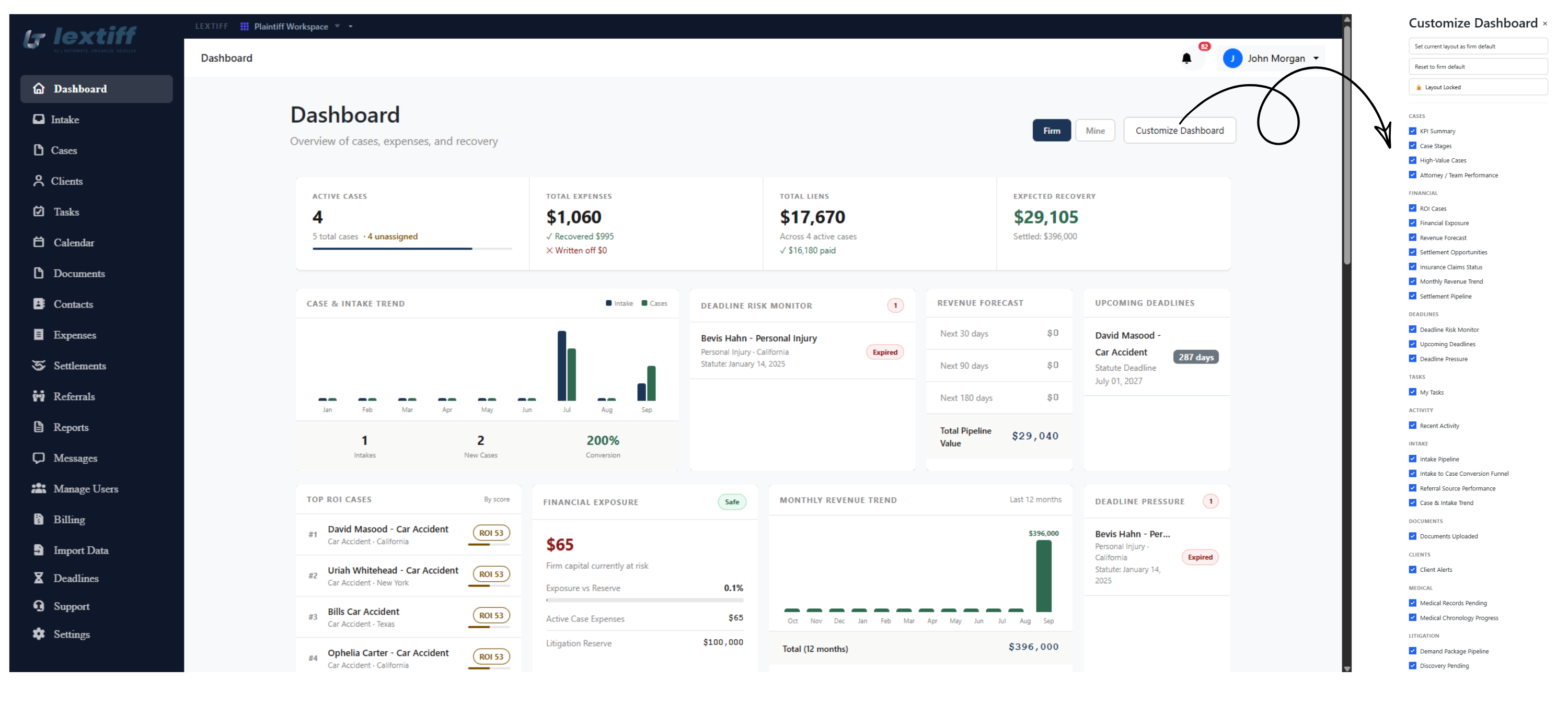 Lextiff firm dashboard showing active cases, expenses, liens, and expected recovery