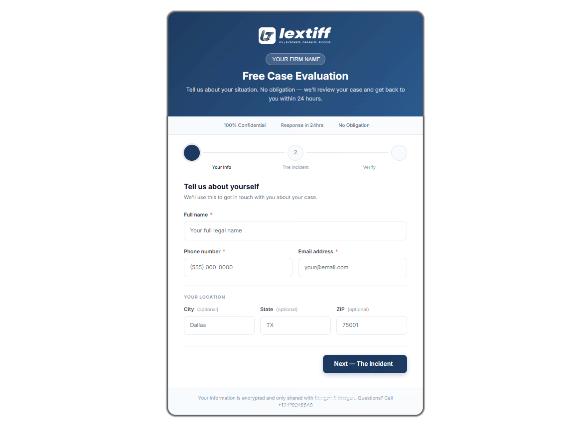 Lextiff firm dashboard showing active cases, expenses, liens, and expected recovery