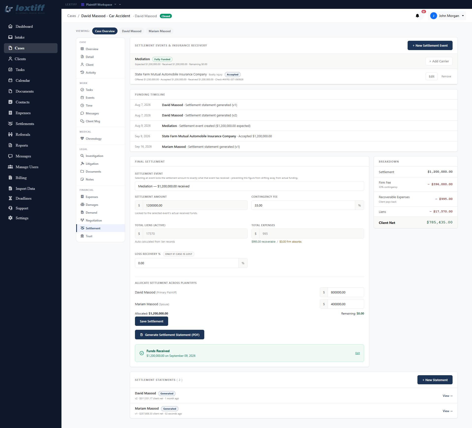 Lextiff settlement management screen