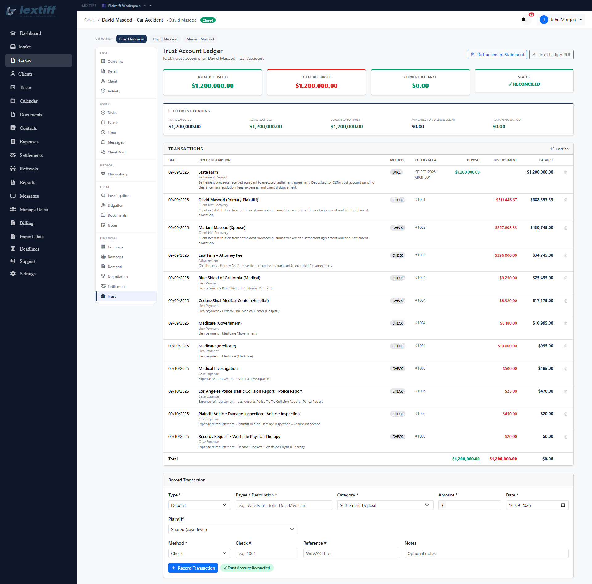 Lextiff trust account ledger screen